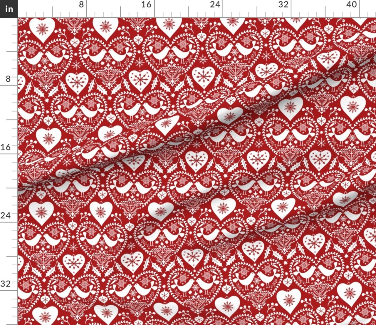 Scandinavian Birds Hearts Holidays Christmas Nordic Folk Art Classic Traditional Red And White Folk Art Christmas Primitive Holly Leaves Stars Custom Printed Fabric by Spoonflower Various Fabrics by the Yard or Fat Quarter